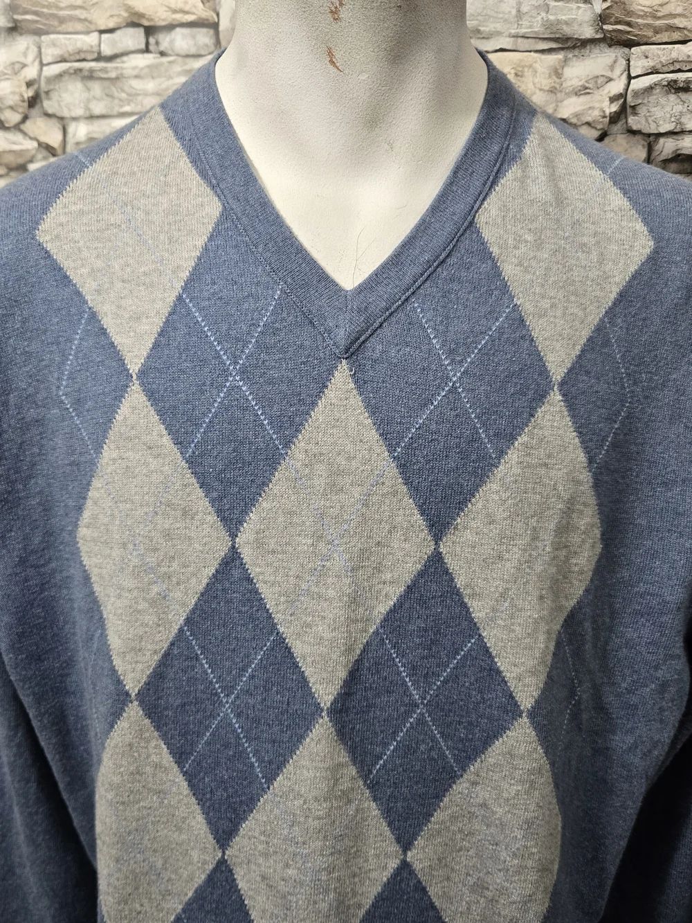 Banana Republic Vintage Men XL Argyle V-Neck Sweater Cotton Cashmere Blue Grey